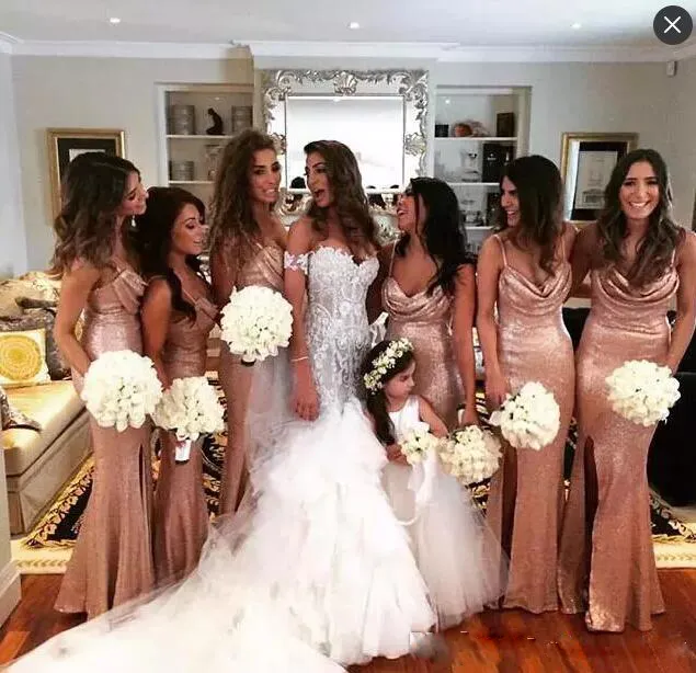 Sparkly Sequined Rose Gold Mermaid Side Split Bridesmaid Dresses Spaghetti Straps Sequins Maid of Honor Dress Beach Billiga Bröllopsfestklänning