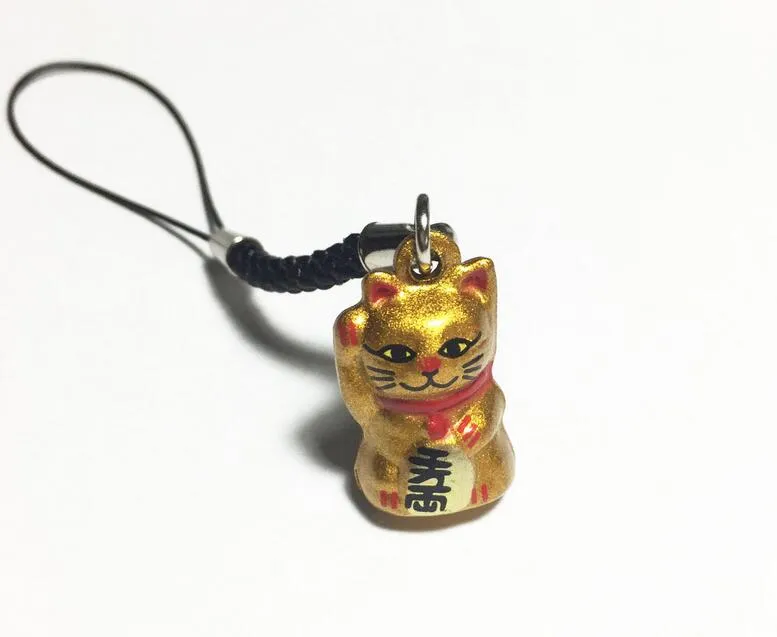 Hela 50st Gold Lucky Cat Maneki Neko Japanese Bell 2 3 cm Gold Rich Black Strap2149