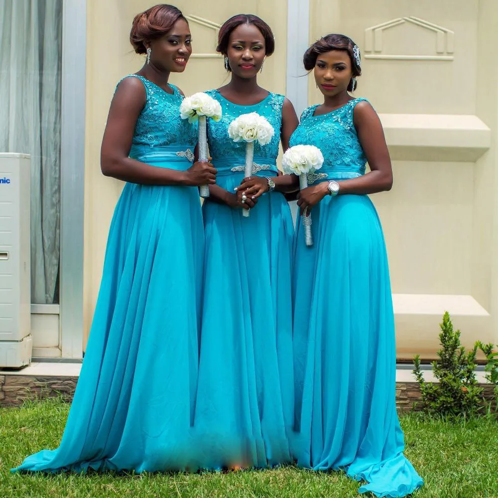 Style Afrique du Sud Robes de demoiselle d'honneur bleues Jewel Neck Paillettes Appliques Ceinture perlée en mousseline de soie longue robe de bal 2017 Robes d'invité de mariage élégantes