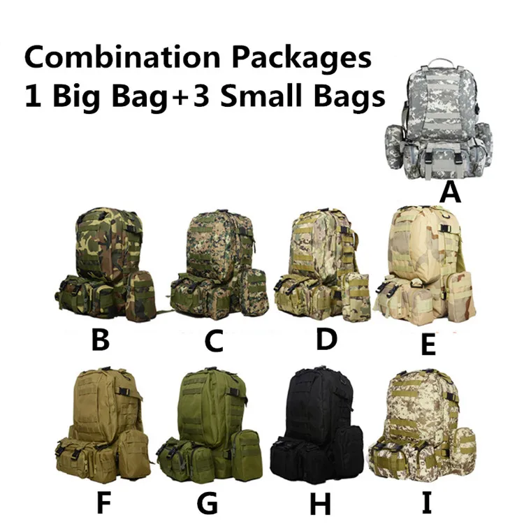 Zaini per adulti Zaini militari per ragazzi da uomo Borse da arrampicata militari per le donne degli uomini all'aperto Cintura 55L 1pcs Borsa grande + 3 pezzi Borse piccole