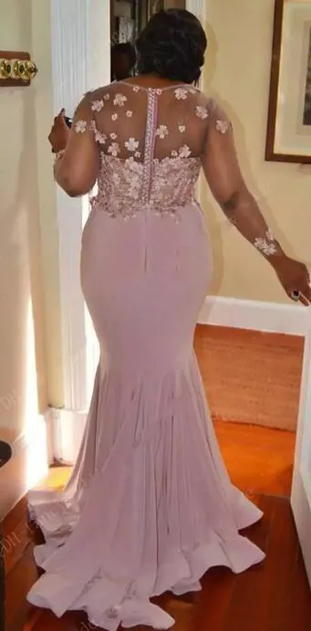 Afrikanische 2018 Rosa Chiffon Plus Size Meerjungfrau Brautjungfernkleider Lange Spitze Applizierte Perlen Hochzeitsgast Kleid Nach Maß EN101812