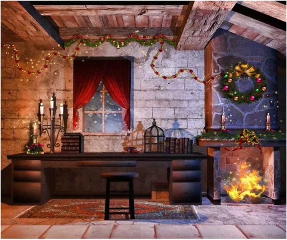 Innenhaus-Kamin-Girlande, Weihnachtsfotografie-Hintergründe, Backsteinmauer, roter Vorhang, Fensterkerzen, Feiertagsnacht, Fotokabinen-Hintergrund