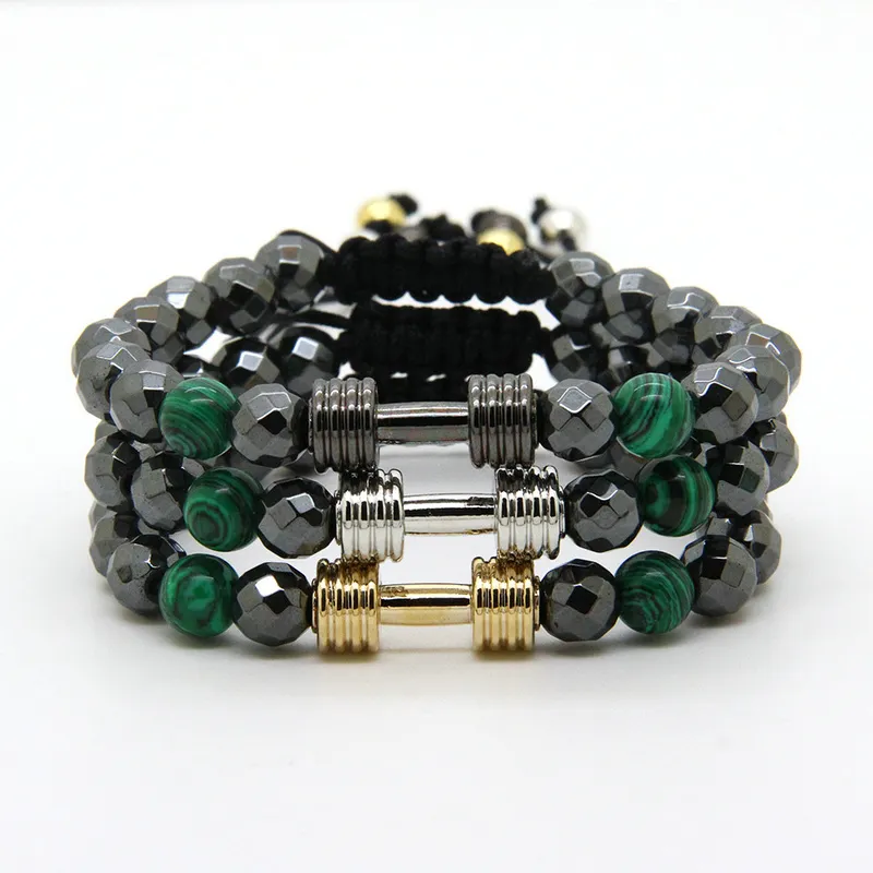 Braccialetti con manubri energetici da uomo Pietra ematite sfaccettata intera da 8 mm con metallo Nuovo bilanciere Fitness Dumbell343C