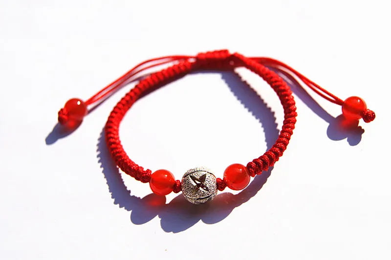 Hand-made by natural agate red king kong "" 925 silver bead bracelet