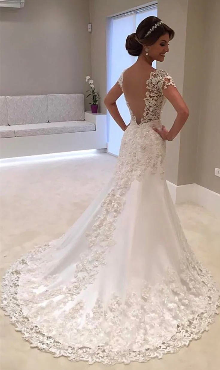 3D Lace Floral cap sleeve country mermaid wedding dresses 2019 V-neck vintage garden cheap plus size fishtail bridal dress215J