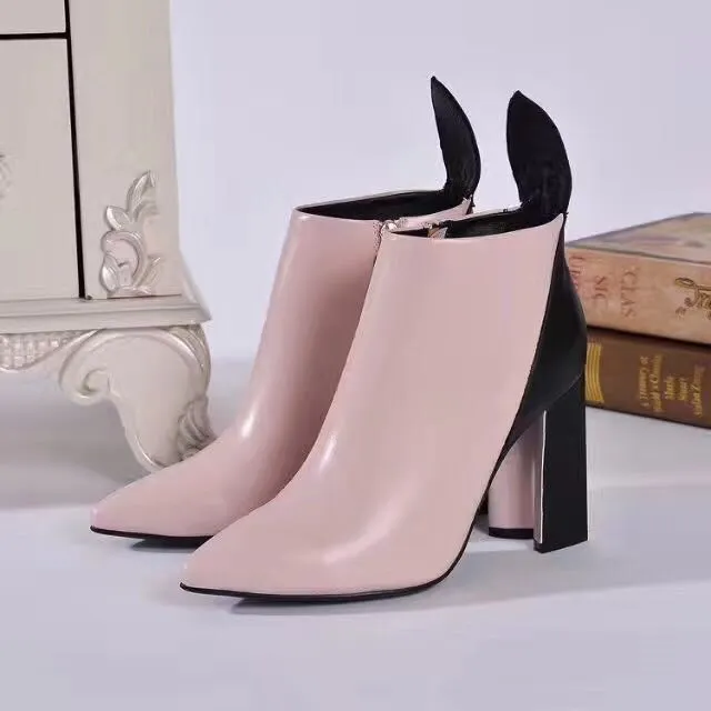 fashionville*u751 40 41 pink genuine leather pointy thick heel short boots luxury designer runway sexy fashion