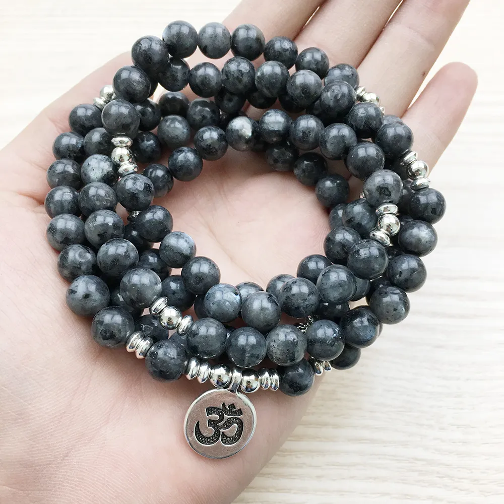 SN1146 Top Design Labradorite Wrap Bransoletka Męska bransoletka Yoga 108 Mala lub naszyjnik Srebrny Lotus Ohm Buddha Bransoletka 2706