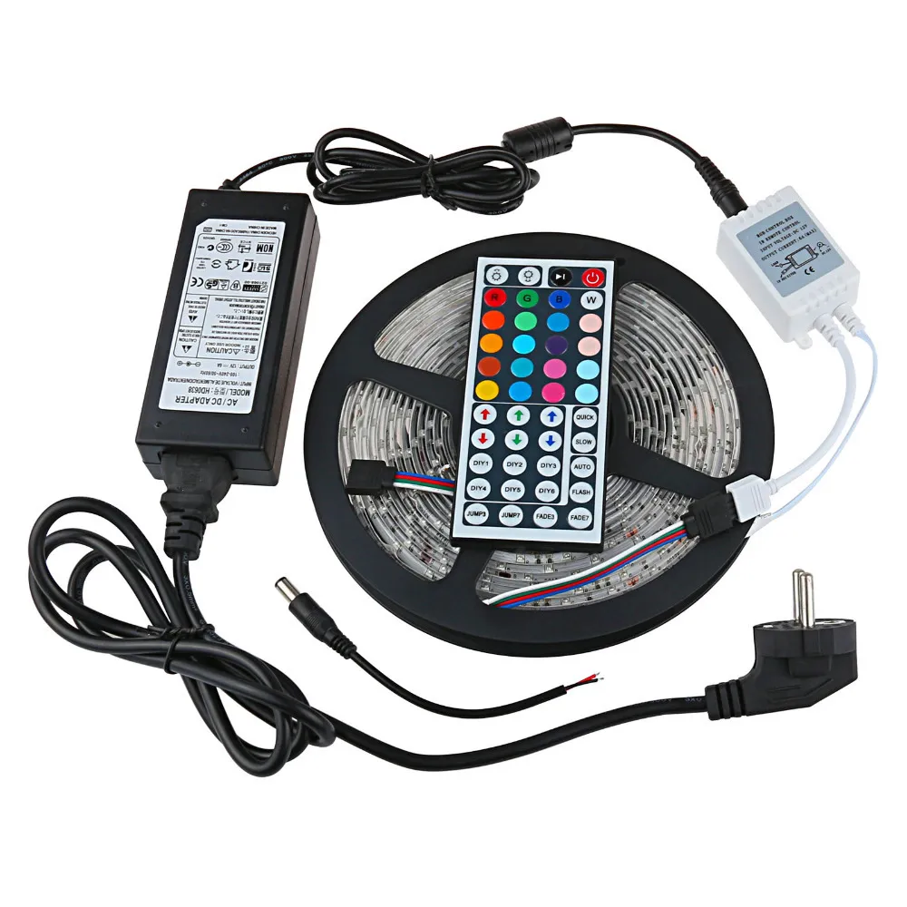 Regalo di Natale Striscia LED RGB 5050 5M 300 Strisce LED impermeabili con telecomando IR a 44 tasti + alimentatore DC12V 5A in scatola al minuto