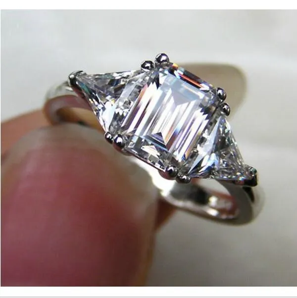 High Quality 3 CRT Three Stone Emerald Cut Love Diamond Engagement Ring Genuine Sterling silver 3 Stone Ring