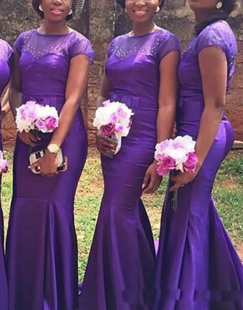 2017 South African Long Mermaid Purple Bridesmaid Dresses Fahsion Short Sleeve Beaded Bow Satin Floor Length Party Gowns Nigeria Custom Made