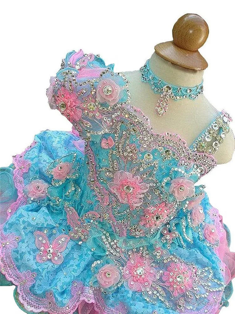 Lindos vestidos de cupcake para meninas com miçangas brilhantes e flores Minissaias curtas para bebês Meninas com renda macia Vestidos para concursos 299H