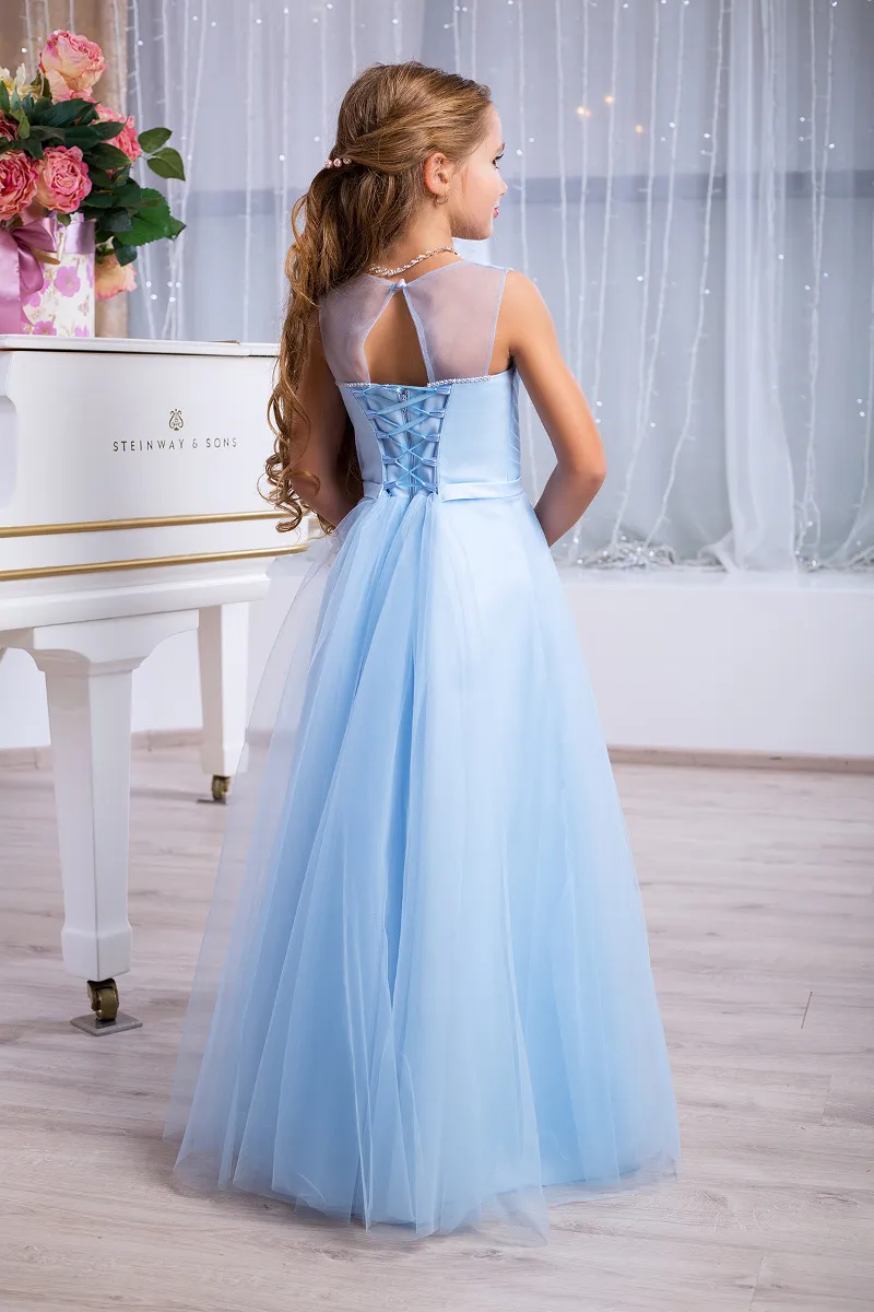 Light Sky Blue Blush Pink Little Girls Formal Event Wear Dresses 2019 Pleated V Neck Long Junior Bridesmaid klänningar Söta blomma GI2657