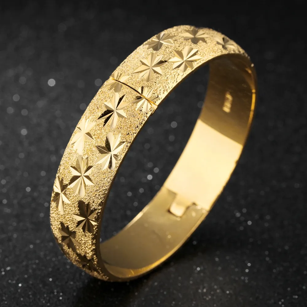 Thick Wedding Bangle 18K Yellow Gold Filled Womens Bangle Bracelet Carved Star Solid Jewelry Diameter 6cm,15mm Wide