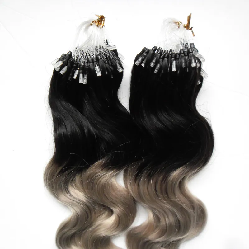 Brazilian Body Wave Hair Ombre Micro Loop Easy Rings / Grânulos Extensões do Cabelo1B / Prata Cinza Ombre Human Hair 200g