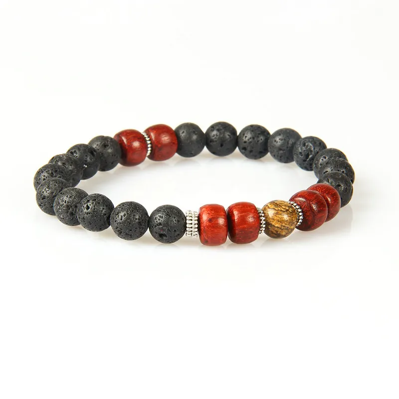 New Designs Wood Jewelry Whole 10pcs lot 8mm Lava Rock Stone with Natural Red Wood Beaded Bracelet for men316D