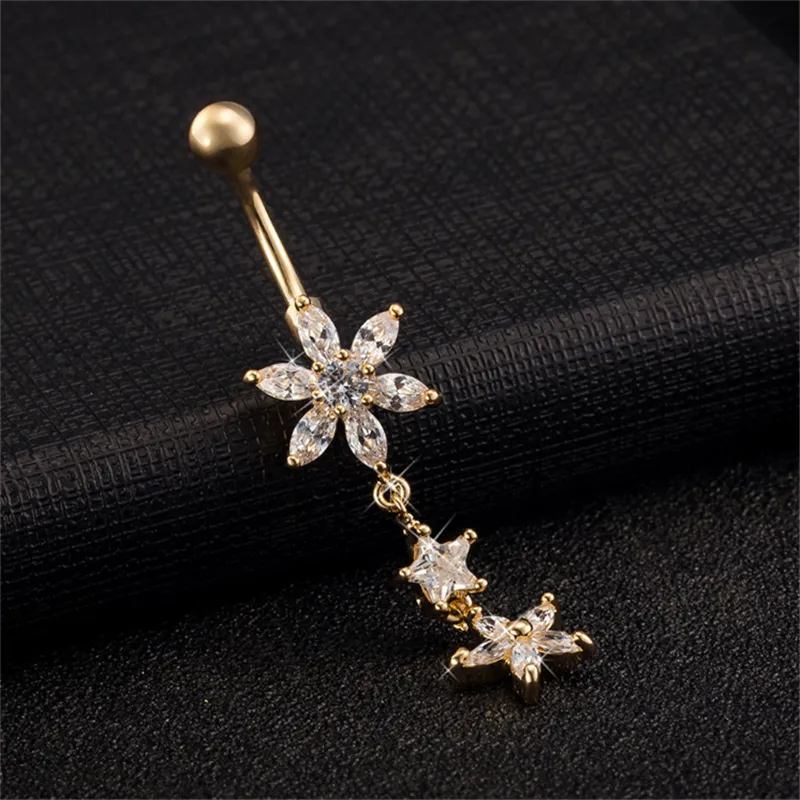 Star Flower CZ Piercings Jewelry Womens Sexy Belly Button Ring Long Dangle Navel Bar Gold Dangle Body Jewelry Piercing