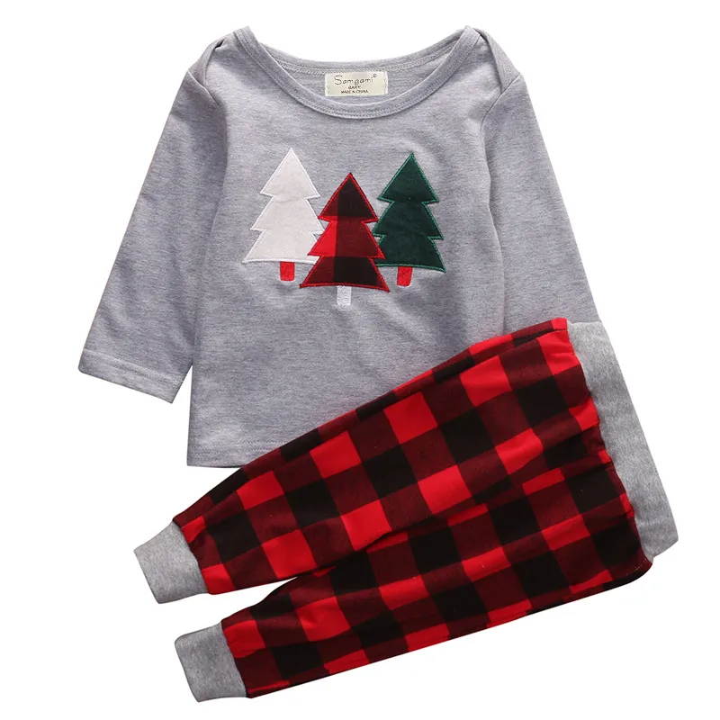 コットンボーイズスーツクリスマス服赤ちゃん男の子服セット子供キッズクリスマスツリーTシャツ+格子縞のズボン2ピースの赤ちゃん男の子服セット