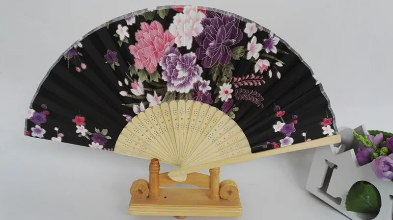 7" Pretty Silk Floral Folding Hand held Fan Wedding Party Favor Cloth Crafts Adult Women Wooden Fans 