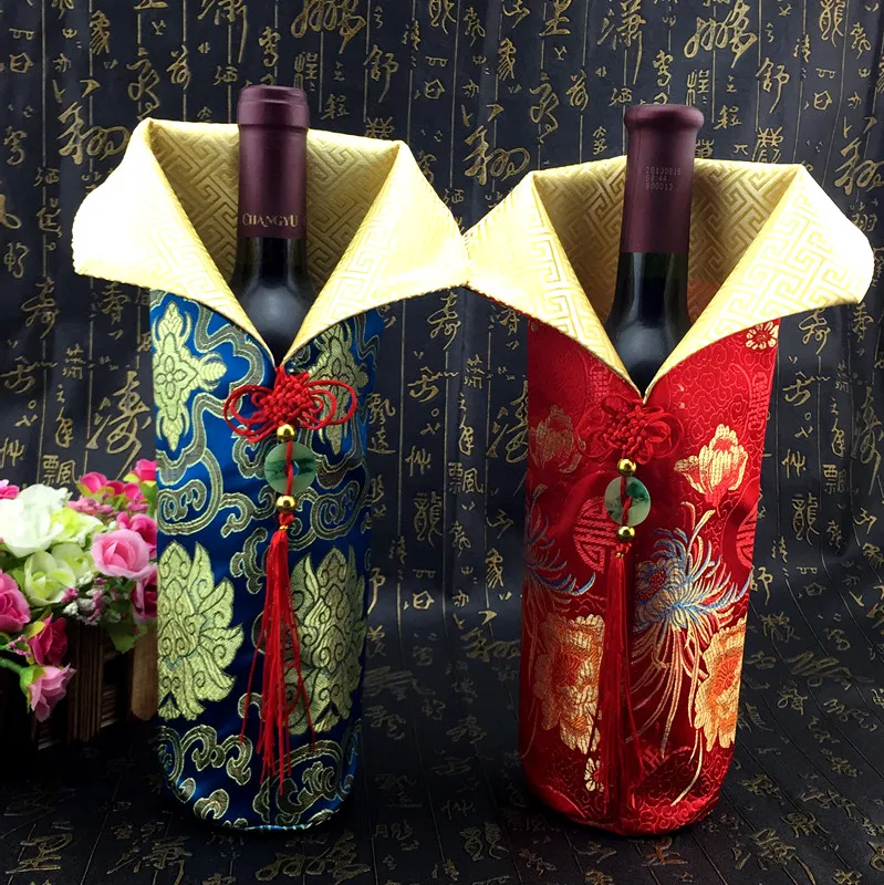 Chinese knoop kerst wijn fles cover tas Home Party Tafel Decoratie Zijde Brocade Bottle Kleding Verpakking Pouch 