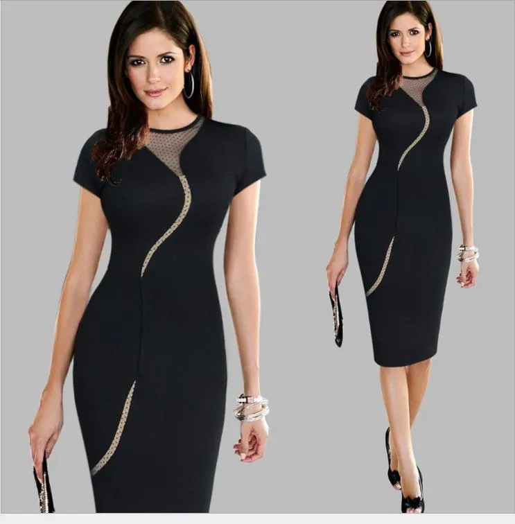 Sexy Black Red Meshy Sheer Crew Neck Short Sleeve Knee-length Pencil Dresses Women Bodycon Clothing