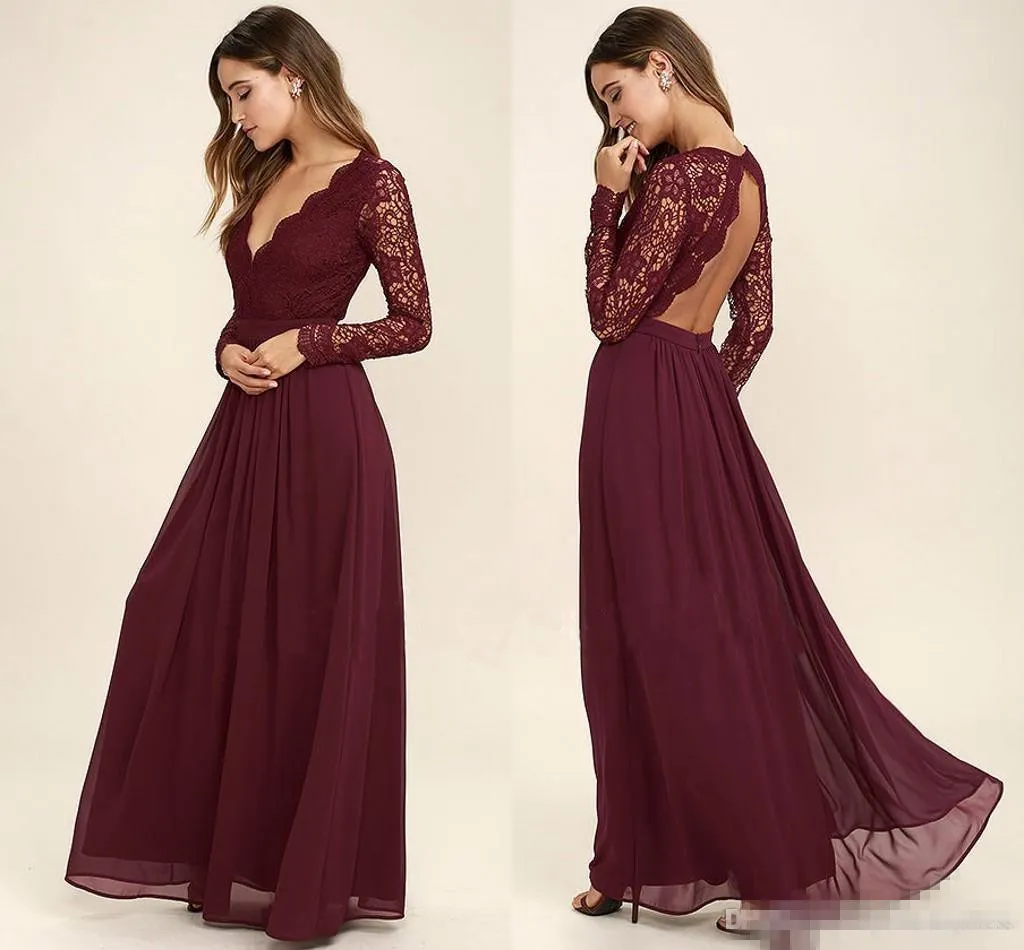 Burgundy Chiffon Maroon Bridesmaid Dresses Long With Long Sleeves V Neck And Backless Design 2019 Western Country Style For Beach Weddings And Parties At Affordable Prices From Sarahbridal 108.87 DHga...