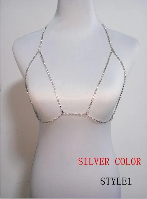 Mode kvinnor silver rhinestone kroppskedjor smycken unik blixt glänsande rhinestone bh kroppskedjor smycken 2 färger