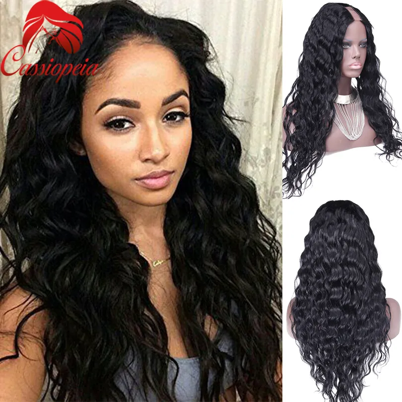 Полный кружева перуанские девственные человеческие волосы тела волна U часть парики для черных женщин природных волосяного покрова средней части 2"x4" парик Upart без клея