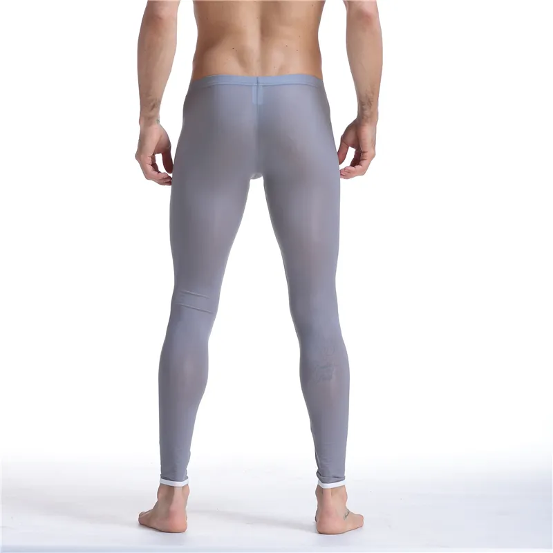 Sexy masculino malha undershirts transparente erótico ultra-fino gay longo johns gelo seda leggings calças justas cuecas casuais homem pantie199n