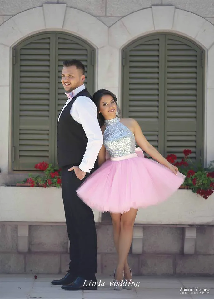 pink and silver birthday dress Pink Bow A Line Strapless Silver Sequin Beaded Tulle Homecoming Dress –  shinydress main image 1