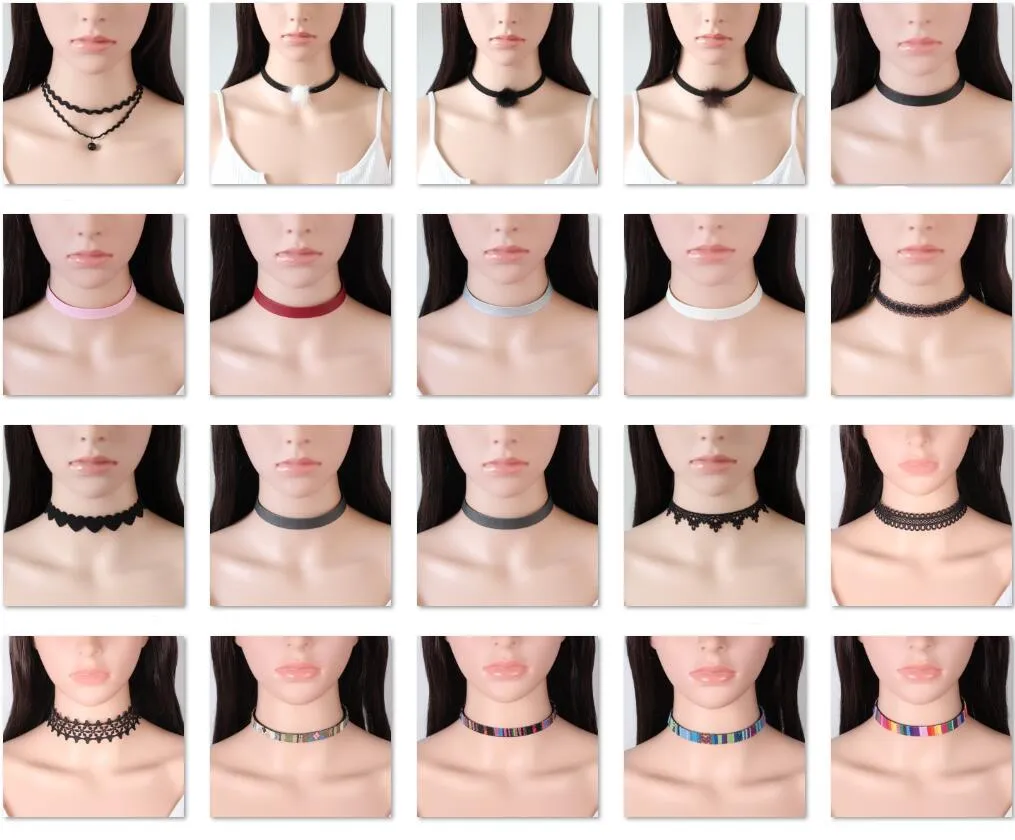 25 stijlen Hot Koop Multi-Layer Tattoo Choker Ketting Charm Lange Kwastje Verstelbare Hangers Kettingen Voor Dames Zwart Kant Chokers