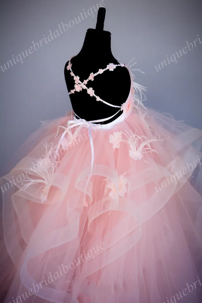 Robes de communion pour petites filles avec jupe à volants et bretelles croisées au dos, vraies photos, robe de bal, jolie robe de fille à fleurs blush