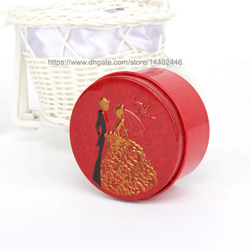 Round Shape Metal Tin Material Bride Groom Candy Box Wedding Favor Gift Favours Wedding Party 
