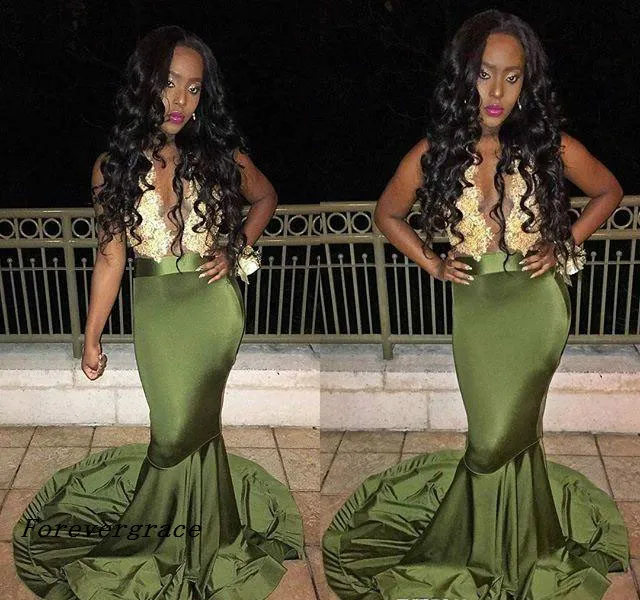 Cheap Sexy Long Lace Deep V neck Prom Dress Sleevless Black Girl Mermaid African Evening Party Gown Custom Made Plus Size