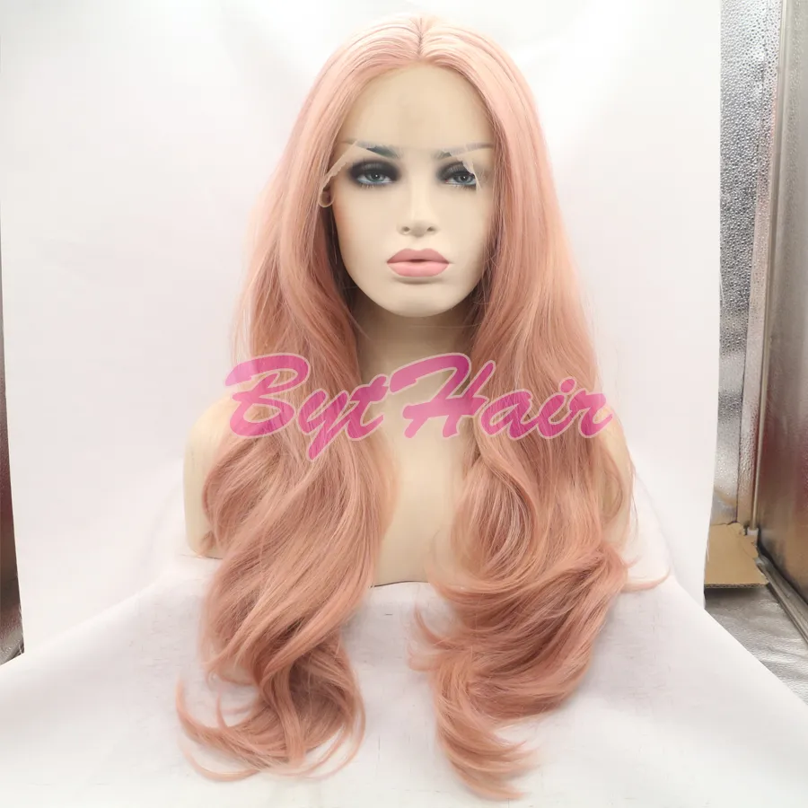 Bythair Heat Resistant Fiber Glueless Natural Hairline Body Wave Hair Fully Wigs For Women Mixed Pink Synthetic Lace Front Wig