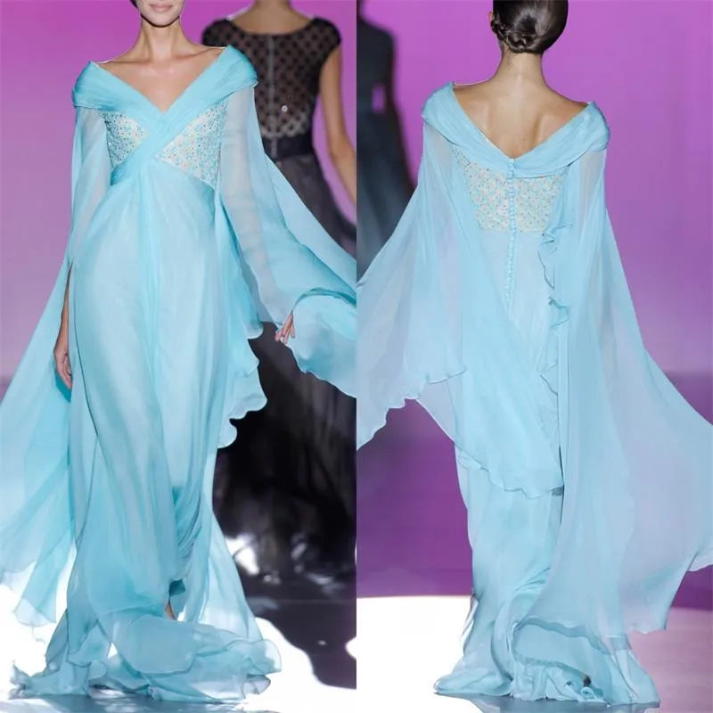 Light Sky Blue Chiffon Long Evening Dresses Long Sleeve V Neck veckad spets Applique Täckt högkvalitativt 2023 Haute Couture Custom Clows
