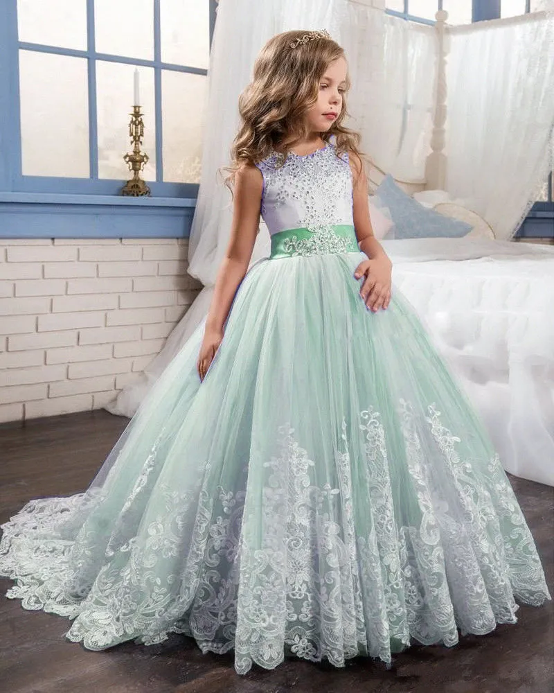 2020 Verde Tulle frisada vestido de baile Vestidos menina princesa mangas Flores Pageant Vestidos Meninas Vestido daminha