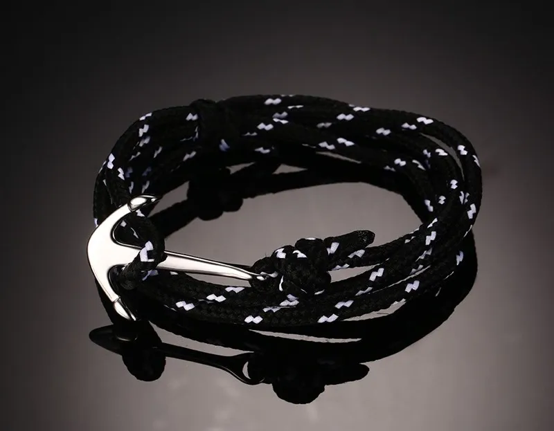 Nautical Men's Bangles Silver Gold Plated Anchor Fish Hook Black Nylon Ropes Multilayer Bracelets For Women's Jewelry