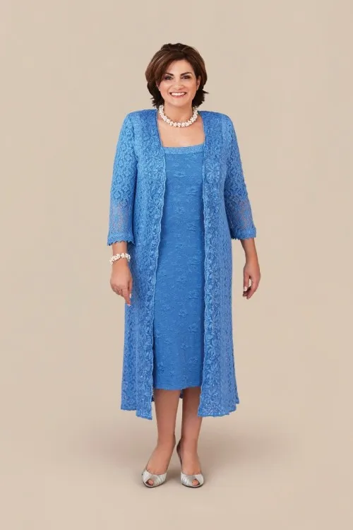 Ann Balon Blue Mother of the Bride Dresses With Long Jacket Lace Mothers Wedding Gästklänning Te Längd Plus Size Mother's GR287G