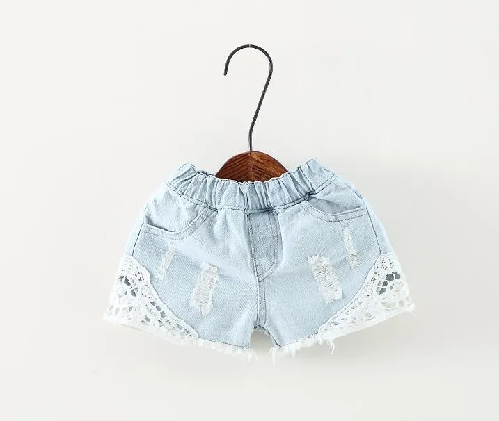 hot sale 2017 Girls Summer Lace Denim Shorts Children Denim Lace Blue Pants kids Cotton shorts baby denim pants Children Shorts free ship