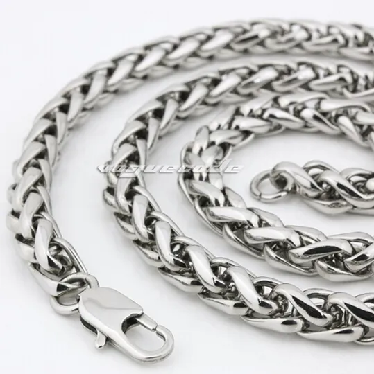 Moda nueva joyería de acero inoxidable para hombres, hombres, mujeres, collar, cadena trenzada de trigo, tono de plata, pulido para regalos de 6 mm de ancho, 18 '' - 32 pulgadas, elija