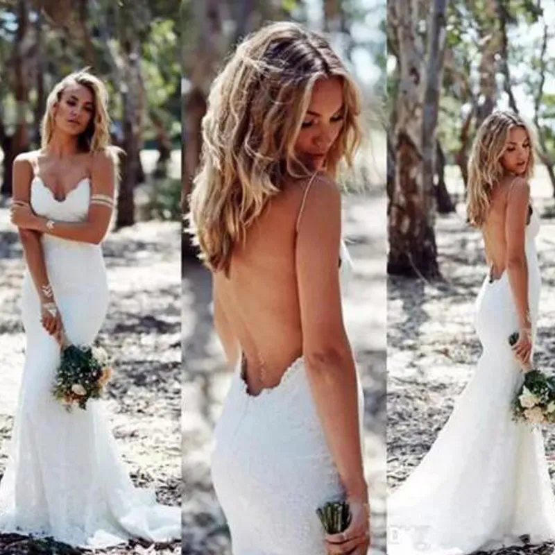 Backless Wedding Dresses Mermaid Spaghetti Strap Sexy Full Lace Wedding Dress Cheap Sweep Low Back Boho White Ivory Bridal Dress