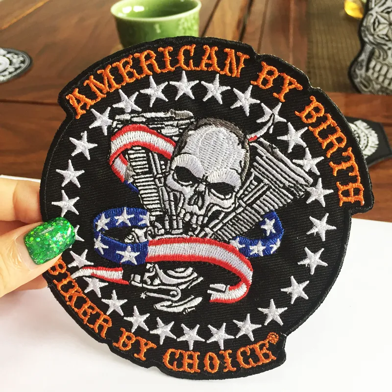 CLASSIC AMERICAN BY BIRTH BIKER BY CHOICE Skull Flag Embroidered Iron on Patch MC Punk Sew on Biker Vest Badge 