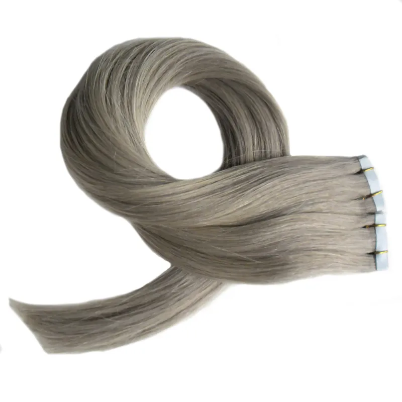 Grå hårförlängningar Tape i hårförlängningar Mänsklig rakt 100g Skin Weft Hair Extension Tape Adhesive