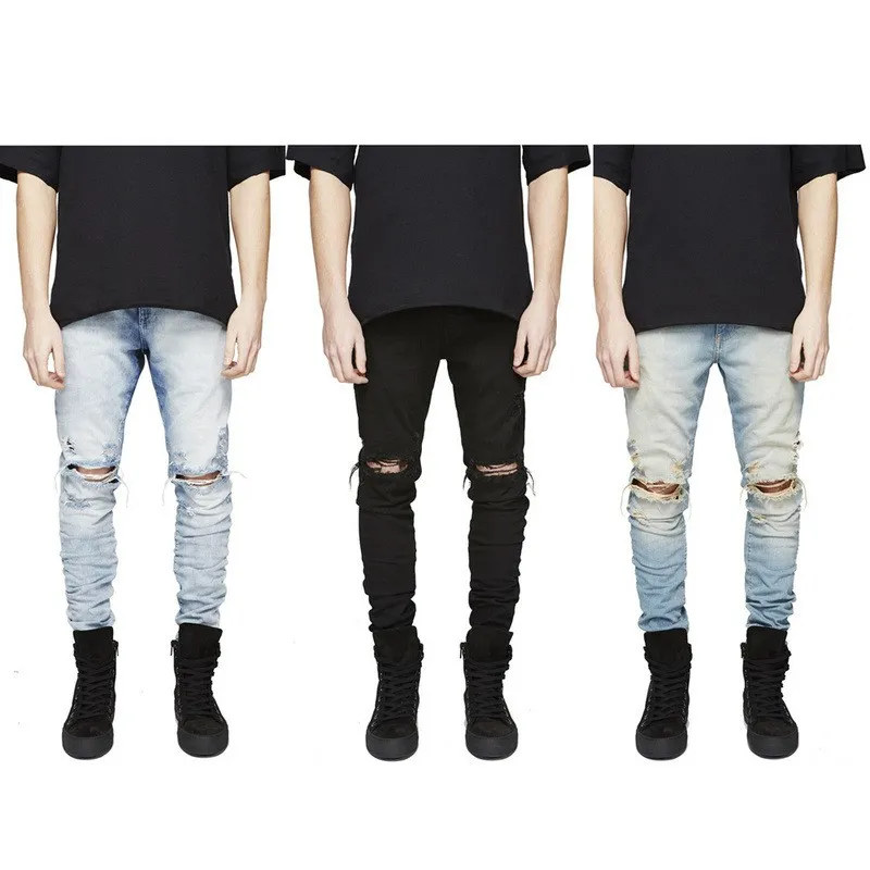 Jeans för män Slim Fit Ripped Jeans Herr Hi-Street Herr Distressed denim joggingbyxor Knähål Tvättade förstörda jeans Plus S