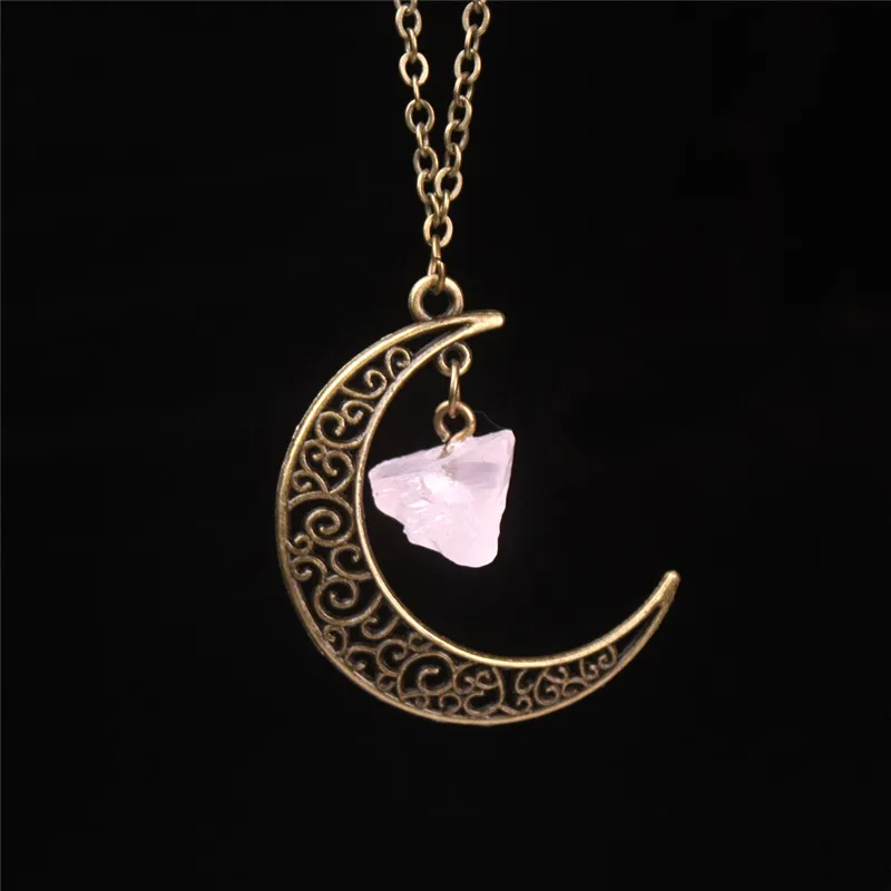 Crescent Half Moon Pendant Halsband Natursten Prehnite Amethyst Crystal Healing Reiki Ädelsten Antik Brons Halsband Goddess Smycken