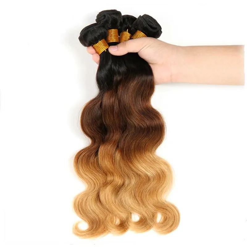 Body Wave 1b 4 27 Honey Blonde Human Hair Bundles With Lace Frontal Closure Dark Roots Hair Wefts With Lace Frontal 13*4