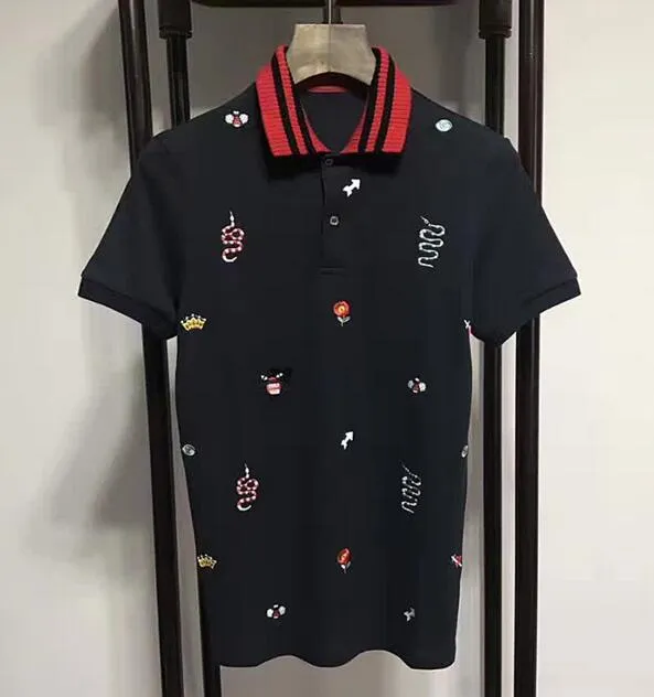 Online Summer Mens Casual Polos Cotton Snake Leopard Flower bee Crown Printed Polo Shirts Turn-Down Collar Men Tops XXXL Black