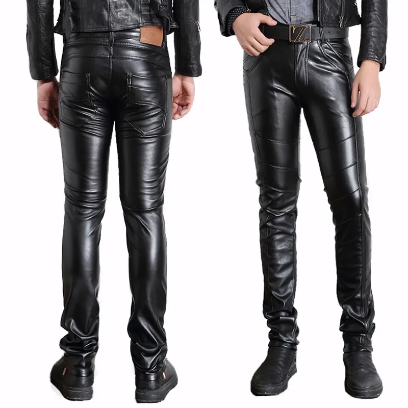 Sprzedaż hurtowa-męskie czarne spodnie ze sztucznej skóry motocyklowe Biker Ridding PU spodnie dla mężczyzn moda Slim Fit ołówkowe spodnie