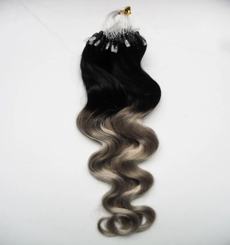 Zilveren Ombre Body Wave Micro Loop Hair Extensions 1G 100S T1B / Grijs Rey Ombre Menselijke Haar Mikro Ring Extensions