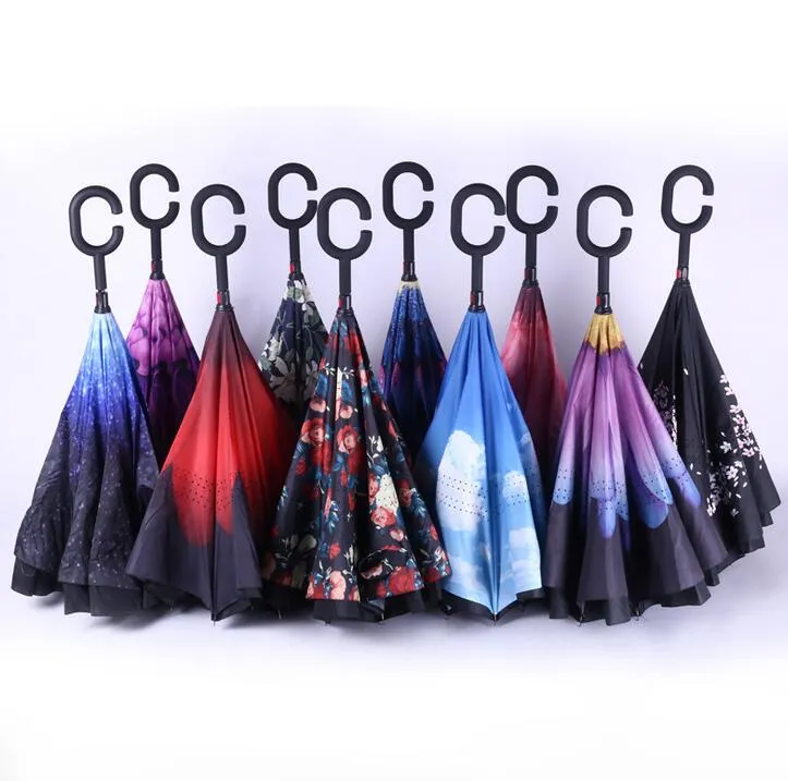 Inverted Reverse Folding Umbrella Upside Down Umbrellas With C-Shaped Handle Anti UV Waterproof Windproof Rain Umbrella for Women and Men